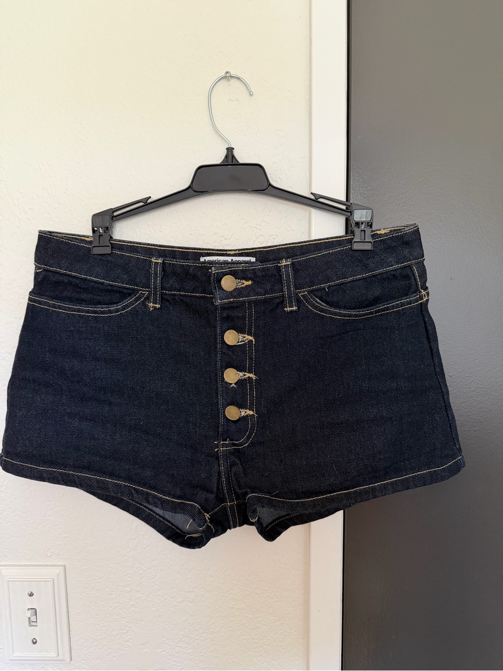 American Apparel Dark Blue High-Rise Button-Front Denim Shorts